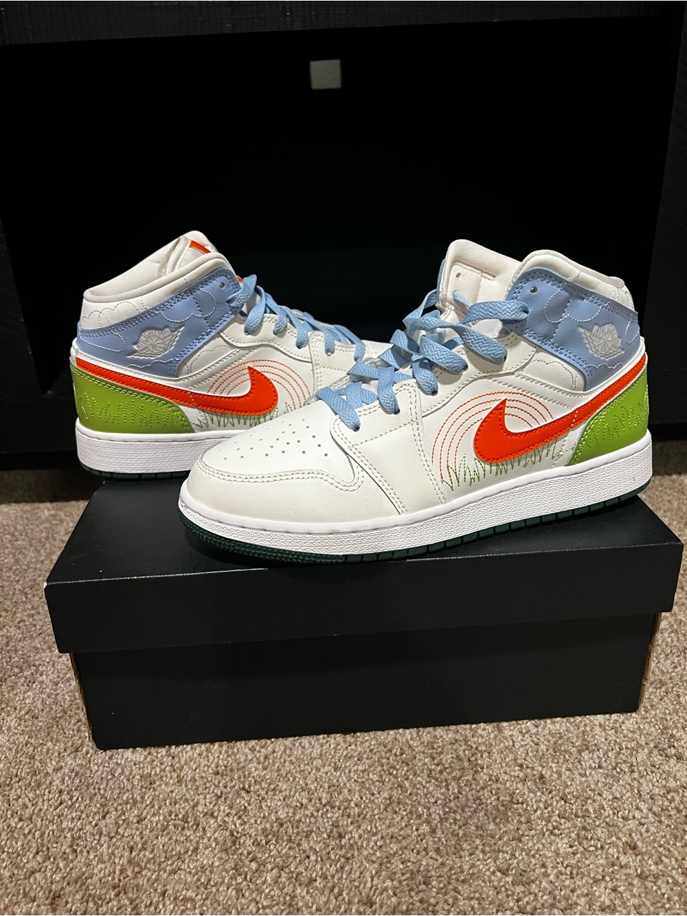 Jordan STITCH (GS) Kids Mid-Top SE Sneakers — White, Orange, Light Blue & Green